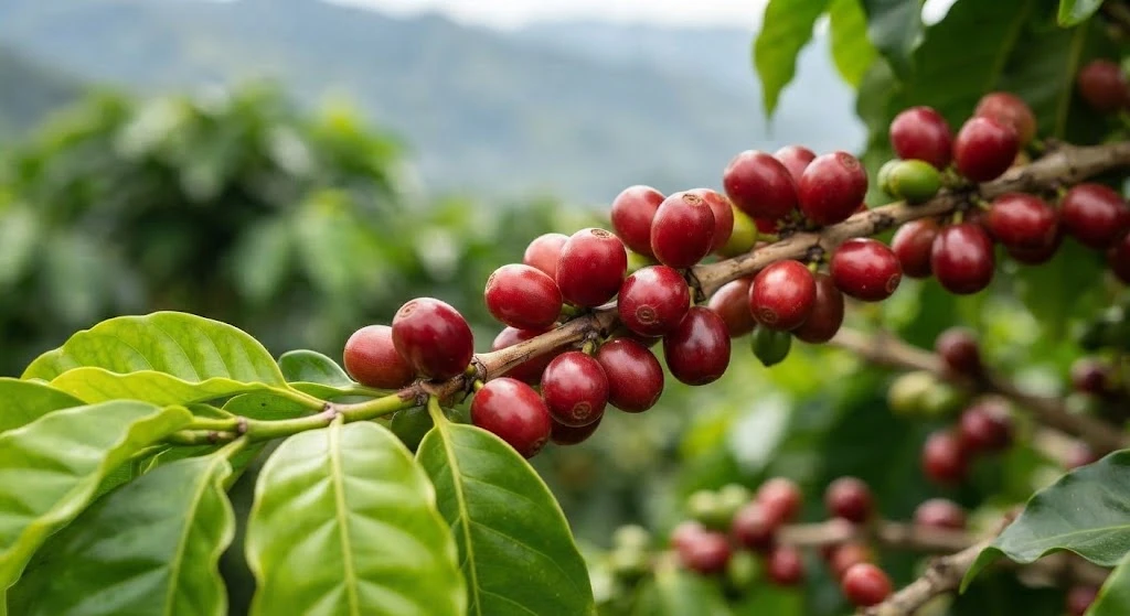 Granos de café maduros en la rama