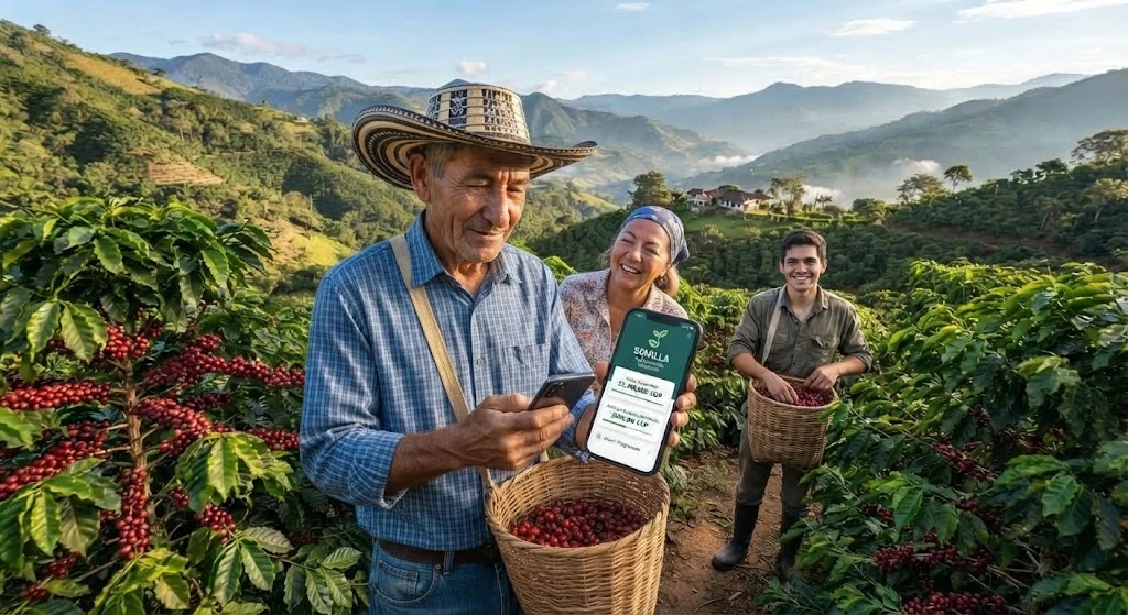 Caficultor usando la app Semilla en el campo
