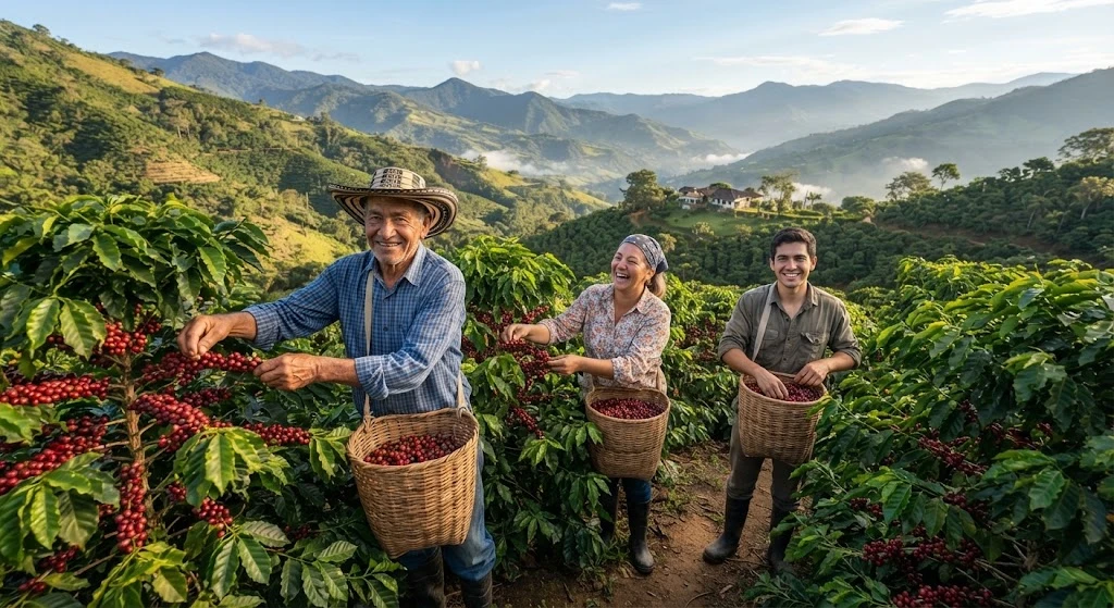 Familia caficultora recogiendo café en las montañas